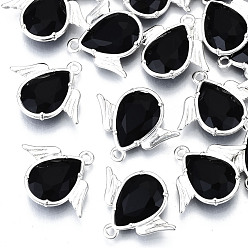 Черный Граненые подвески стекла, с элементами из экологически чистого сплава, без кадмия, без никеля и без свинца, ангел, серебряные, чёрные, 18x22x4.5 мм, отверстие : 1.6 мм