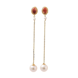 Real 18K Gold Plated Round Natural Pearl Stud Earrings for Women, Oval Natural Agate Sterling Silver Dangle Earrings, Real 18K Gold Plated, 75x9.5mm