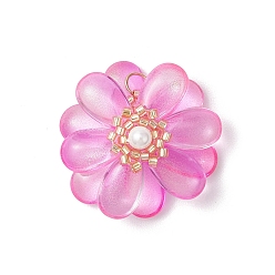 Фуксин Прозрачные стеклянные подвески, цветочный шарм, с бусинами из ракушечного жемчуга и 304 петлями из нержавеющей стали, фуксиново-красные, 29.5x30x12.5 мм, отверстие : 5.5 мм