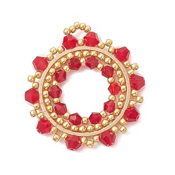 Красный Имитация австрийских хрустальных биконусных подвесок из стекла и стекла с прожилками., цветочный шарм, с 304 соединением из нержавеющей стали, граненые, красные, 34.5x33x4 мм, отверстие : 4x3.5 мм