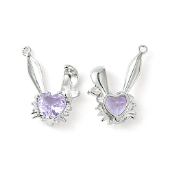 Lilac Brass Micro Pave Cubic Zirconia Pendants, Cadmium Free & Nickel Free & Lead Free, Rabbit Head Charm, Real Platinum Plated, Lilac, 24x20.5x5mm, Hole: 1.5mm