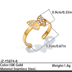 Butterfly Ocean 304 Stainless Steel Rhinestone Cuff Open Rings, Golden, Butterfly, 17mm