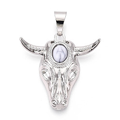 Платина Подвески из латуни и синтетической бирюзы, поголовье крупного рогатого скота, платина, 36x35.5x8~8.5 мм, отверстие : 9.5x6 мм