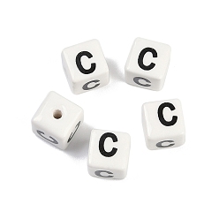 Letter C Фарфоровые бусы, квадрат с буквой, буква С, 8.5x8.5x8.5 мм, отверстие : 1.6 мм