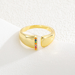 Letter I Браслет-манжета из латуни с микропаве и цветными кубическими циркониями, открытые кольца., буквы, золотые, Буква "i", 15~20 мм