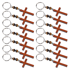 Sienna 20Pcs Wood Cross with Natural Tiger Eye Bead Keychain, with Iron Split Key Rings, Platinum, Sienna, 99mm