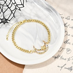 Луна Латунные браслеты с микропаве из чистого кубического циркония, кубинская цепочка ювелирные изделия для женщин, реальный 18 k позолоченный, луна, 7-3/8 дюйм (18.7 см), подвески: 30x20x4 мм