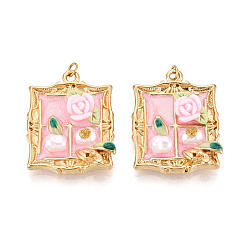Pink 304 подвески из нержавеющей стали и эмалированной смолы с имитацией жемчужного блеска, Прямоугольник с цветком, с целью перехода в кольце, ионное покрытие (ip), реальный 18 k позолоченный, розовые, 26.5~27x20x5.5 мм, отверстие : 2.8 мм
