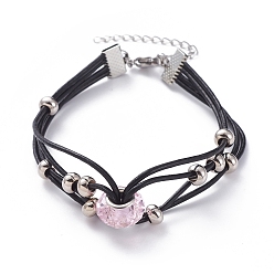 Pink Cowhide Leather Cord Multi-strand Bracelets, with Glass European Beads, Brass Spacer Beads, Iron Ribbon Ends and 304 Stainless Steel Lobster Claw Clasps, Pink, 7-1/2 inch(19cm), 6~16mm
