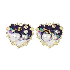 Purple Rack Plating Alloy Enamel Pendants, with Resin, ABS Imitation Pearl Beads, Rhinestone and Glass Beads, Cadmium Free & Nickel Free & Lead Free, Heart, Purple, 47x48.5x8mm, Hole: 2.5mm