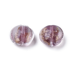 Dark Red Handmade Gold Sand Lampwork Beads, Flat Round, Dark Red, 12x8mm