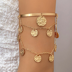 Flat Round Golden Alloy Upper Arm Cuff, Chains Tassel Charms Arm Bangle, Flat Round, Inner Diameter: 3 inch(7.5cm)