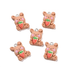 Chocolate Opaque Resin Pendants, with Platinum Tone Iron Loops, Rabbit with Strawberry Charm, Chocolate, 21x15x6.7mm, Hole: 2mm