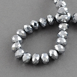 Platinum Plated Electroplate Glass Bead Strands, Faceted, Rondelle, Platinum Plated, 12x8~9mm, Hole: 1.5mm, about 72pcs/strand, 24 inch