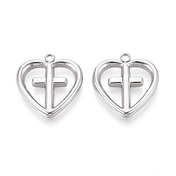 Нержавеющая Сталь Цвет 304 подвески из нержавеющей стали, крест с подвеской в виде сердца, анти-тускнение, цвет нержавеющей стали, 16.5x15.5x2 мм, отверстие : 1.5 мм