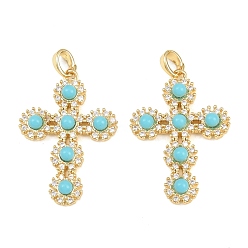 Голубой Латунные микропаве прозрачные подвески с фианитом, cmолой, крест прелести, золотые, голубой, 29.5x20.5x4 мм, отверстие : 4.5x3 мм