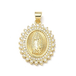 Настоящее золото 16K Латунные микропаве прозрачные подвески с фианитом, овал с подвесками Девы Марии, реальный 16 k позолоченный, 23.5x18x4.5 мм, отверстие : 4.5x3.5 мм