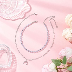 Нержавеющая Сталь Цвет Круглая бусина из натурального окрашенного малайзийского нефрита 304 подвеска в виде луны из нержавеющей стали, двухслойные ожерелья для женщин, Небесно-голубой, цвет нержавеющей стали, 12.99~18.43 дюйм (33~46.8 см), 2 шт / комплект