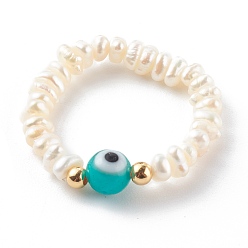 Бирюза Натяжные кольца из натурального культивированного пресноводного жемчуга, с круглыми бусинами лэмпворк ручной работы и позолоченными латунными бусинами 18 k, бирюзовые, внутренний диаметр: 19 мм