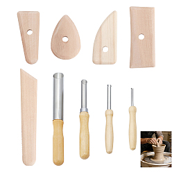 Stainless Steel Color 4Pcs 304 Stainless Steel Hole Punches Tool, with Wood Handle, Sculpting Tools for DIY Art Crafts, with 5Pcs Wooden Pottery Clay Carving Curved Clapper Tool, Stainless Steel Color, 128~197x16.5~22mm