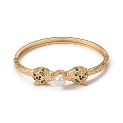 Real 18K Gold Plated Rack Plating Brass Micro Pave Cubic Zirconia Leopard Bangles with Plastic Bead, Long-Lasting Plated, Cadmium Free & Lead Free, Real 18K Gold Plated, Inner Diameter: 2-1/4 inch(5.85cm)
