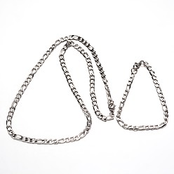 Color de Acero Inoxidable Conjuntos de joyas de acero inoxidable resistentes al deslustre, collares y pulseras de cadena figaro, con cierre de langosta, facetados, color acero inoxidable, 304 pulgada (23.62 mm), 600 mm (210 pulgadas)