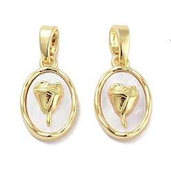 Real 18K Gold Plated Brass Pave Natural Shell Oval with Rose Charms, Real 18K Gold Plated, 14x9x4.5mm, Hole: 4x2mm