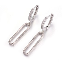 Platinum Brass Leverback Earrings, with Cubic Zirconia, Oval, Clear, Platinum, 39mm, Pin: 1mm