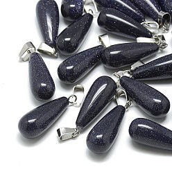 Синий Драгоценный Камень Синтетический синий авантюрин подвески, с защелкой из нержавеющей стали на поручнях, слеза, 28~30x10~12 мм, отверстие : 6x4 мм