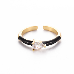 Black Brass Enamel Cuff Rings, Open Rings, Solitaire Rings, with Clear Cubic Zirconia, Nickel Free, Teardrop, Golden, Black, US Size 7(17.3mm)