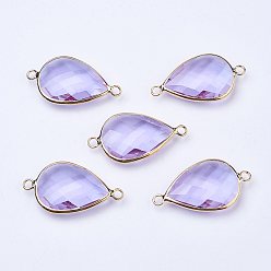 Лиловый Золотистые латунные стеклянные каплевидные соединители, сирень, 21x11x5 мм, отверстие : 2 мм