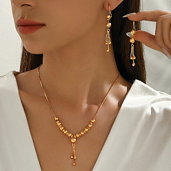 Настоящее золото 18K Винтажное латунное колье и серьги с круглыми бусинами и кисточками для женщин., реальный 18 k позолоченный, ожерелья: 17.32 дюйм (44 см)