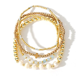 Амазонит 4Шт. браслеты из натуральных бусин амазонита, CCB и стеклянных бусинок круглой формы для женщин, с имитацией жемчуга, внутренний диаметр: 6-1/2 дюйм (16.5 см) ~ 6-7/8 дюйм (17.5 см)