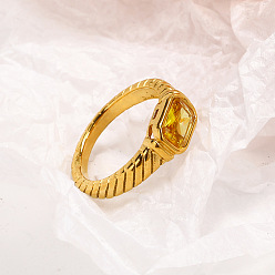 Желтый 304 женские перстни из нержавеющей стали с кубическим цирконием, прямоугольные, реальный 18 k позолоченный, граненые, желтые, внутренний диаметр: 19 мм