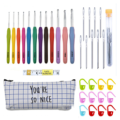 White DIY Knitting Tool Sets, including Aluminum Crochet Hooks Needles, Random Color Plastic Locking Stitch Marker, Tape Measure, Needle, Storage Bag, White, Crochet Hooks Needles: 150mm, 12pcs/set