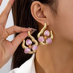 Сливовый Серьги-гвоздики с цветочной эмалью из железа, золотые, слева и справа, слива, 51x37 мм