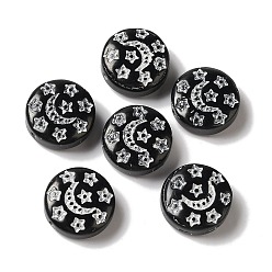 Черный Прозрачные бусины лэмпворк, плоский круглый с луной и звездами, чёрные, 13x5 мм, отверстие : 1 мм, Около 70~82 шт / 100 г