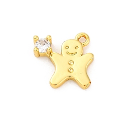 Настоящее золото 18K Покрытие стойки латунь с подвесками из фианита, долговечный, без свинца и без кадмия, очаровательные пряничные человечки, реальный 18 k позолоченный, 11.5x12.5x3 мм, отверстие : 1.4 мм