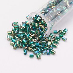 Dark Green 11/0 Two Cut Round Hole Glass Seed Beads, Hexagon, Silver Lined, Rainbow Plated, Dark Green, 2x2mm, Hole: 0.5mm, about 41000pcs/pound