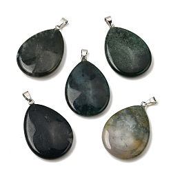 Мосс Агат Природные моховой агат подвески, Подвески в форме капли с 304 защелкивающимися креплениями из нержавеющей стали, цвет нержавеющей стали, 43.5~45x29.5~30.5x6~7.5 мм, отверстие : 7.5x4.5 мм