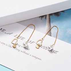 Golden Brass Ear Thread with Heart and Acrylic Pearl Charm, Long Dangle Stud Earrings with 925 Sterling Silver Pins for Women, Golden, 107