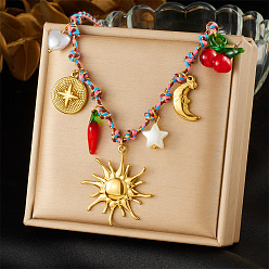 Солнце 304 Женские ожерелья из хлопкового шнура с подвеской в виде вишни и острого перца из нержавеющей стали и пластика, красные, золотые, солнце, 16.42 дюйм (41.7 см)