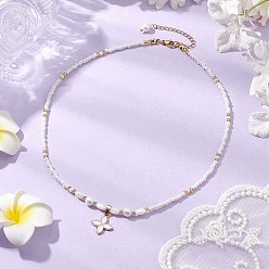 Белый Ожерелья из бисера и стеклянных бусин, сплав эмаль 4-лепестковый цветок подвеска ожерелье для женщин, золотые, белые, 17.32 дюйм (44 см)