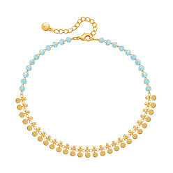 Небесно-голубой Браслеты на ногу из граненого стекла ронделле и латунных дисков с кисточками для женщин, золотые, голубой, 8-1/4 дюйм (210 мм)