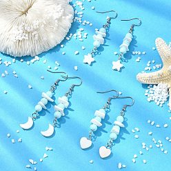 Mixed Shapes Серьги-подвески из натуральных пресноводных ракушек и говлита, с 304 вывод из нержавеющей стали, платина, разнообразные, 68~70x10~12 мм