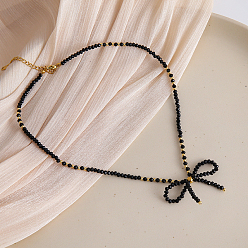 Черный Ожерелья из стеклянных бусин Feaceted Rondelle, Невыцветающие ожерелья-банты ручной работы для женщин, чёрные