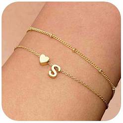 Letter S 2шт. 2 стили браслеты из латунных бусин и цепочек-спутников для женщин, письмо и сердце, золотые, Письмо с, 6.30 дюйм (16 см)