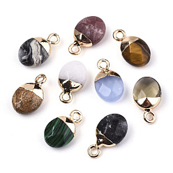 Mixed Color Glass/Natural & Synthetic Gemstone Charms, Top Light Gold Plated, with Iron Loop, Oval, Faceted, Mixed Dyed and Undyed, Mixed Color, 14~15x8x5mm, Hole: 1.8mm