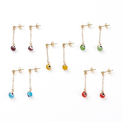 Mixed Color 304 Stainless Steel Dangle Stud Earrings, with Ear Nuts, Brass Cable Chains and Handmade Evil Eye Lampwork Round Beads, Golden, Mixed Color, 40mm, Pin: 1mm