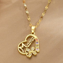 Colorful Mother's Day Brass Pave Cubic Zirconia Mama Heart with Butterfly Pendant 304 Stainless Steel Dapped Chain Necklaces for Women, Golden, Colorful, 15.75 inch(40cm)